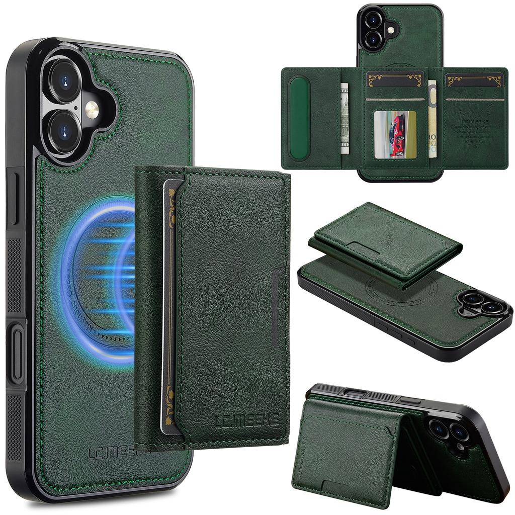 For iPhone 16 Plus Magnetic Phone Case Leather Back Cover with Detachable Card Holder