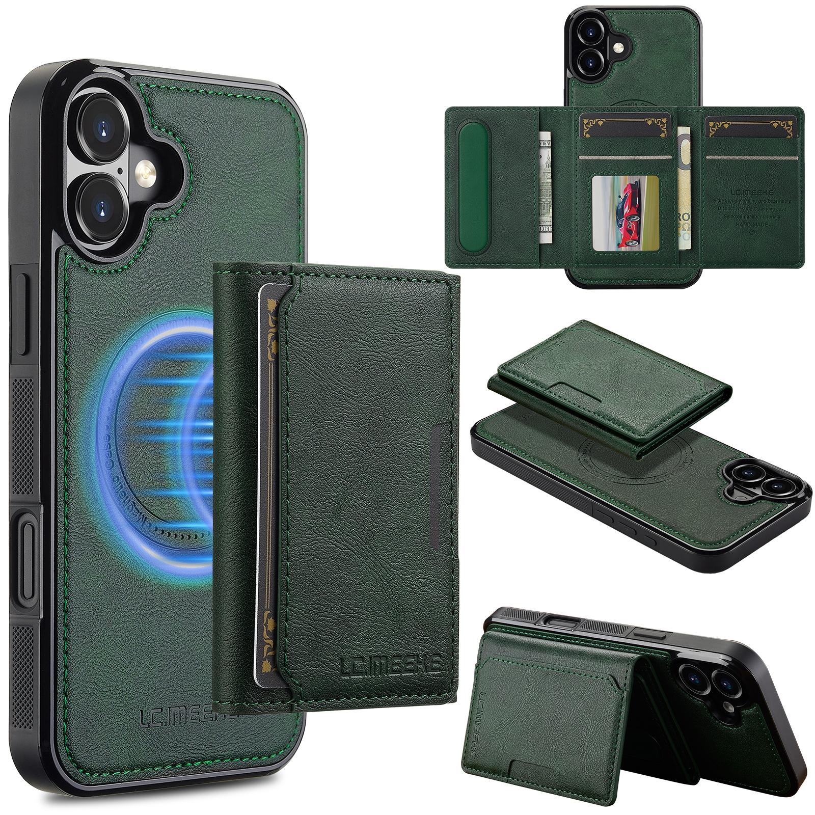 

For iPhone 16 Plus Magnetic Phone Case Leather Back Cover with Detachable Card Holder Green