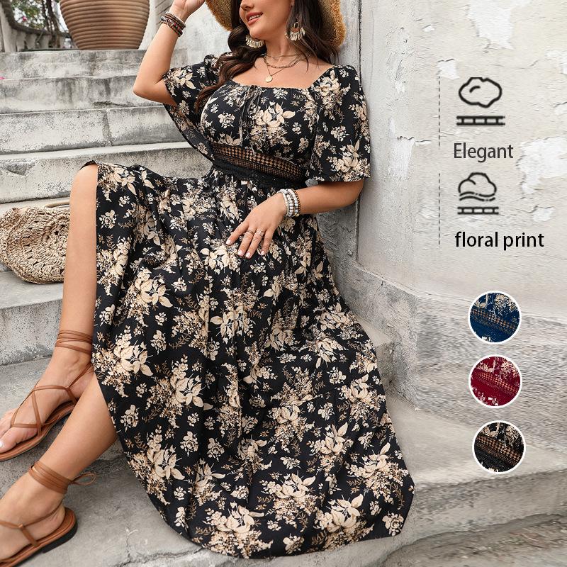 2025 Vintage-Druck Quadratischer Ausschnitt Übergröße Kurzarmkleid