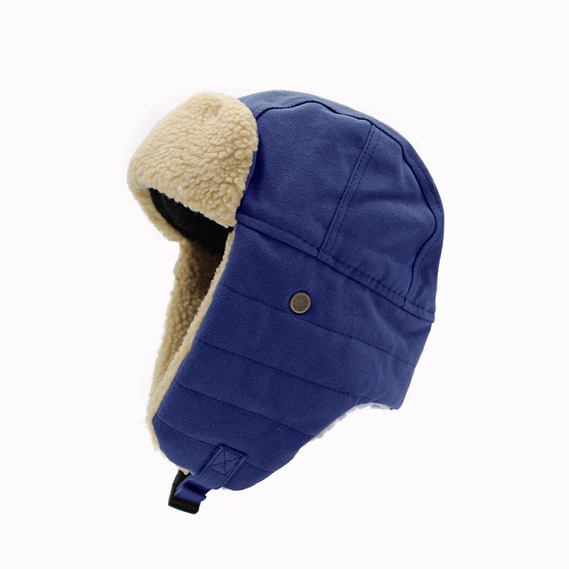 Retro Lamb Wool Canvas Lei Feng Hat with Ear Protection, Velvet-lined, Solid Color, Thickened for Warmth