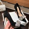 High Heels Bow Suede Pointy Temperament Rhinrhine-Style Young Women'S Single Shoes Glass With Commuter High Sense