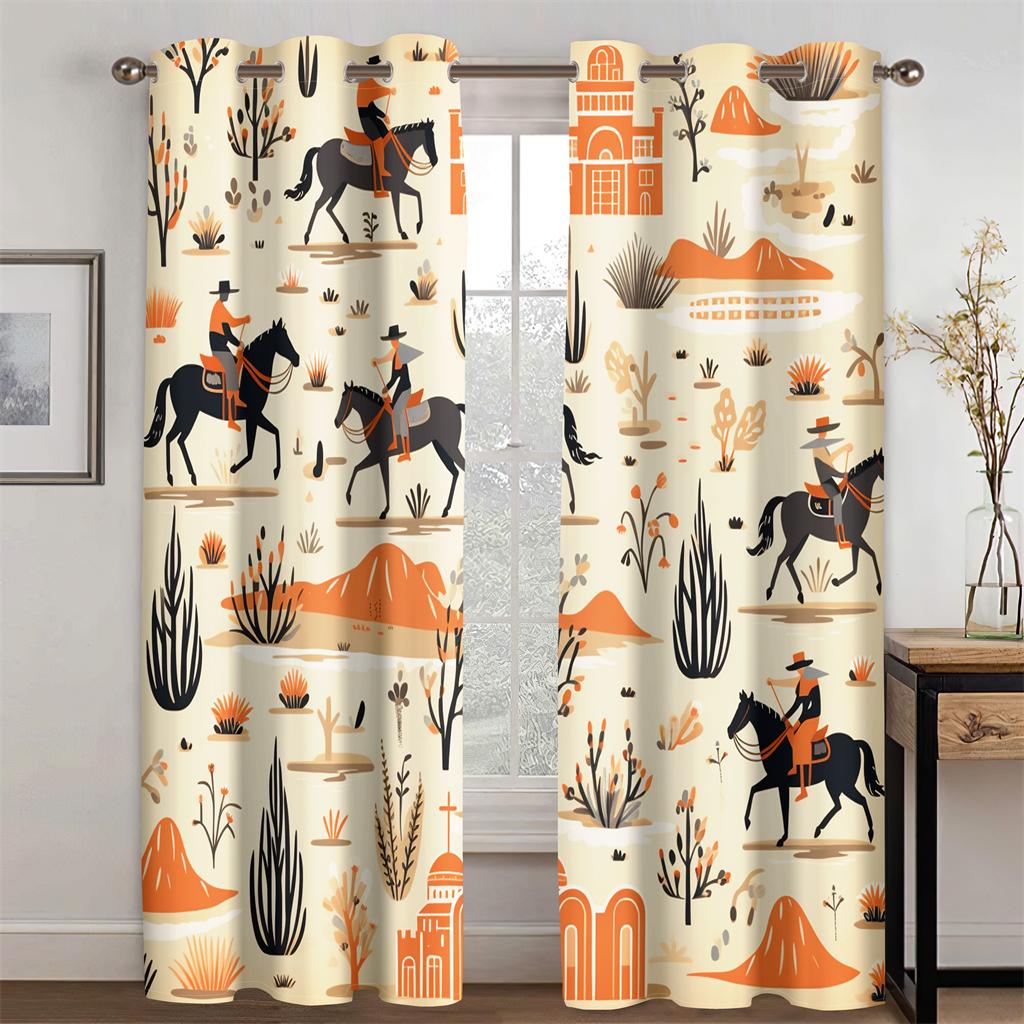 

Классические шторы с западным узором Абстрактное растение ковбой Черная лошадь Гостиная Спальня Кухня Балкон Декор окна 2 панели 50W130H(CM)X2PCS&Hook