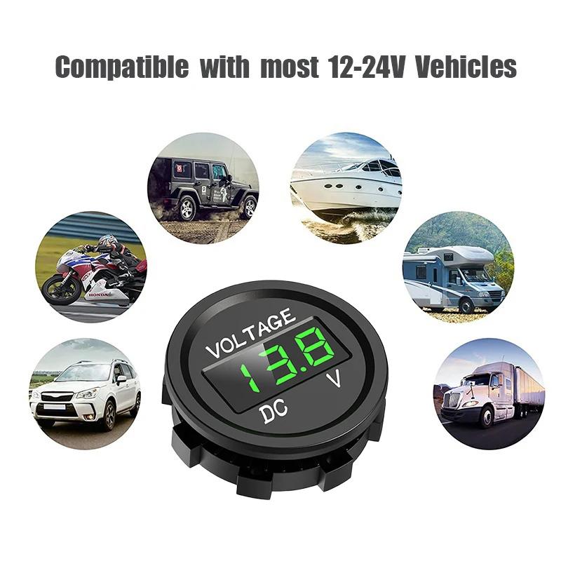 DC 12V 24V Waterproof Car Voltmeter LED Digital Display Panel Round Voltage Gauge for Car Motorcycle Truck Boat ATV UTV
