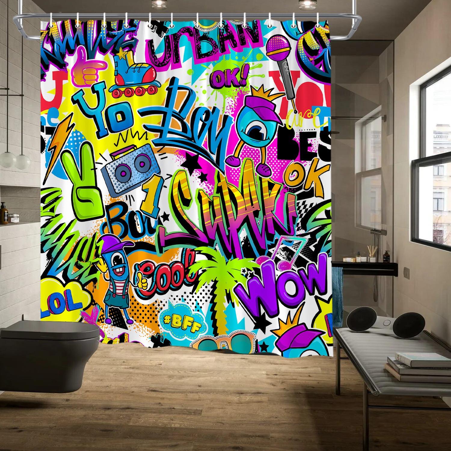 Jessica Chen Bright Graffiti Art Shower Curtain Washable Dirt-Resistant Shower Head Waterproof Polyester Bath Curtain For Home Decor