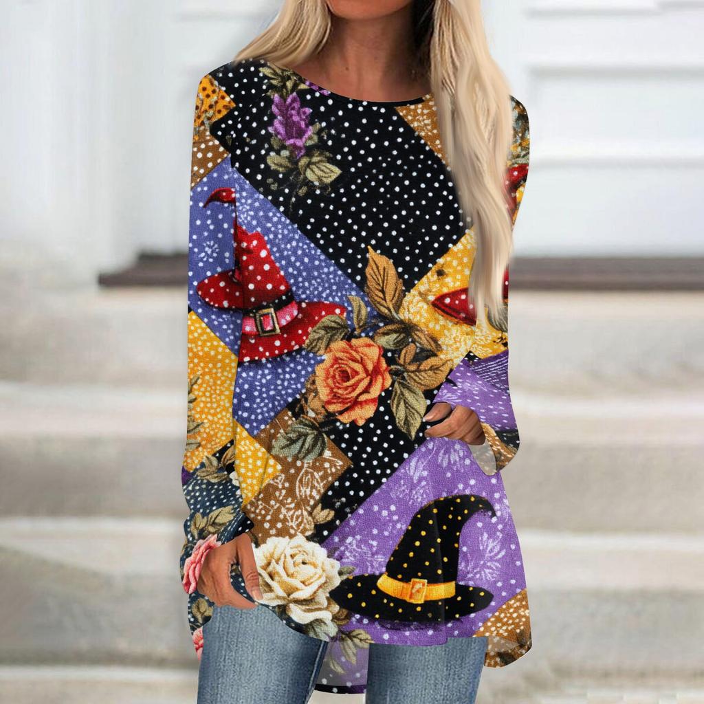 Women's Long Sleeve Round Neck Halloween Print Tunic T-Shirt for Casual Fall Fashion
