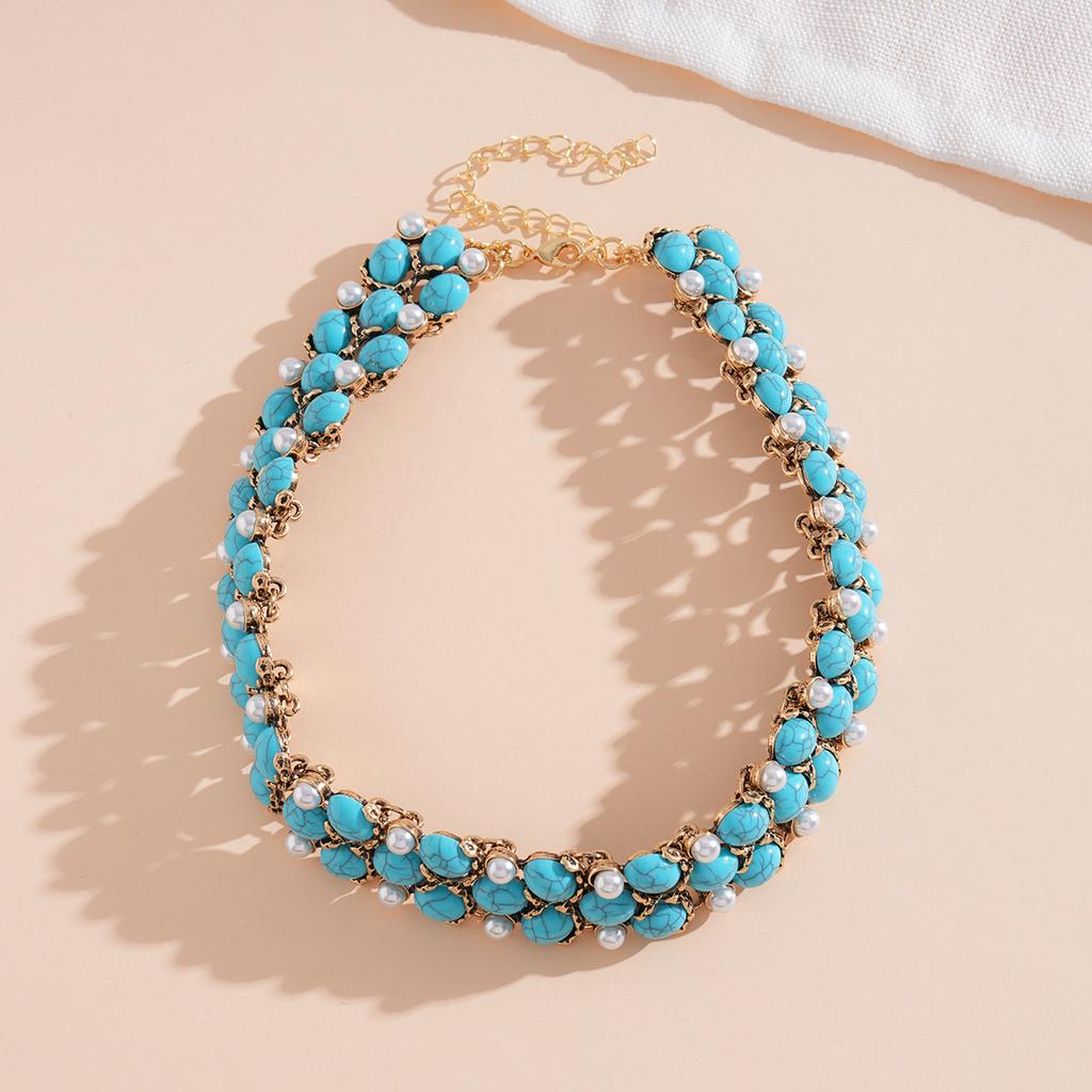 Turquoise Blue Diamond Flower Stud Earrings Necklace Light Luxury Niche Clavicle Chain Premium Jewelry Set