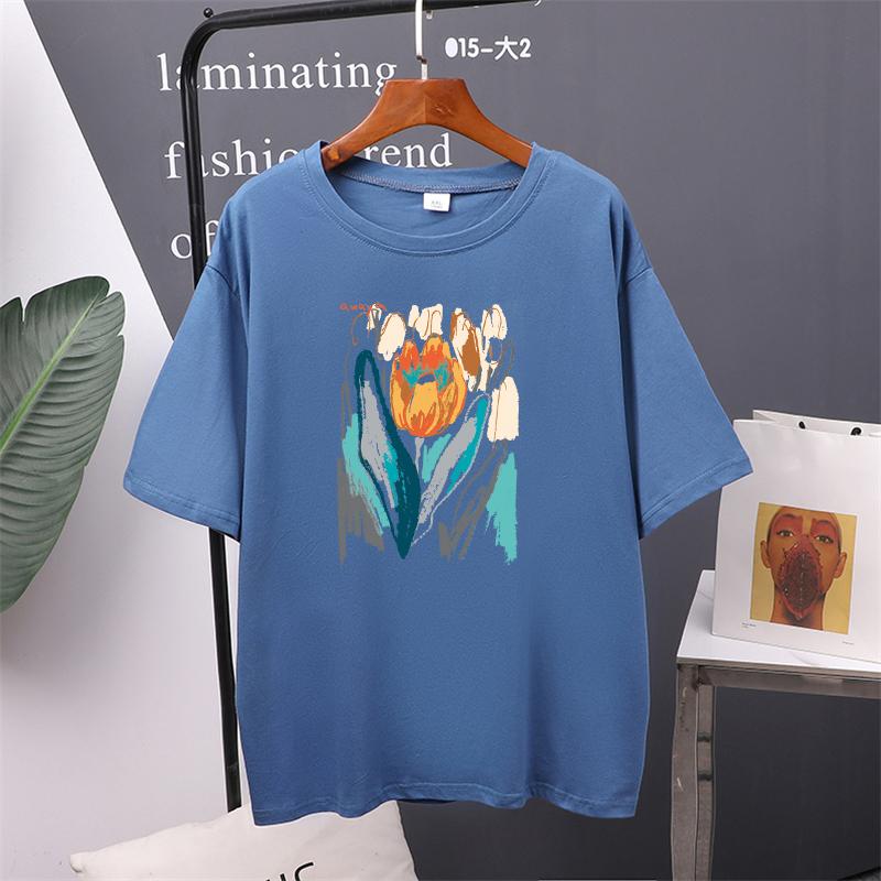 

Футболка с цветочным принтом, винтажные футболки большого размера, женская уличная одежда, женские топы, футболки 4XL темно-синий