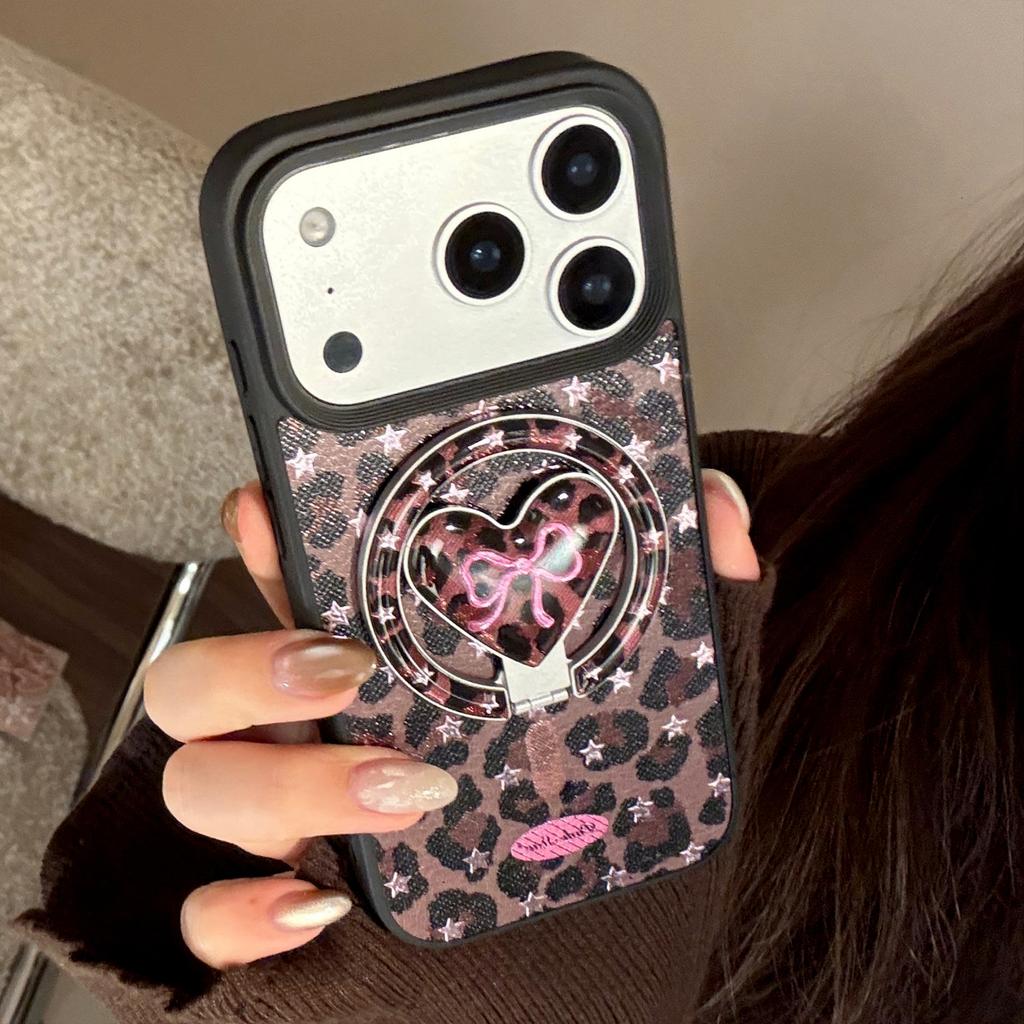 Leopard Print Bow Case Suitable for Apple 17 Pro Max, 13 Gold-plated Magnetic Stand, iPhone 16 Sweet and Cool 15