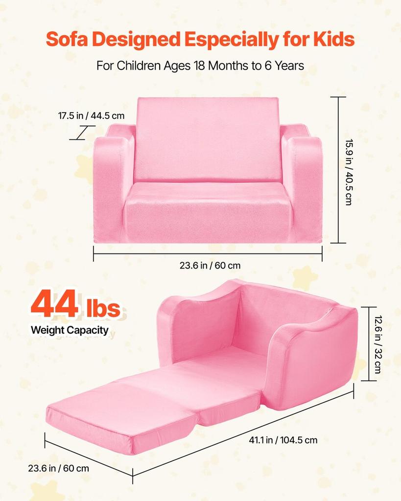 2-in-1 Kids Sofa, Foldable Toddler Soft Couch with Armrests, Made of 28D Sponge & Short Pile, Convertible Toddler Chair to Lounger, Kid Couch Fold Out