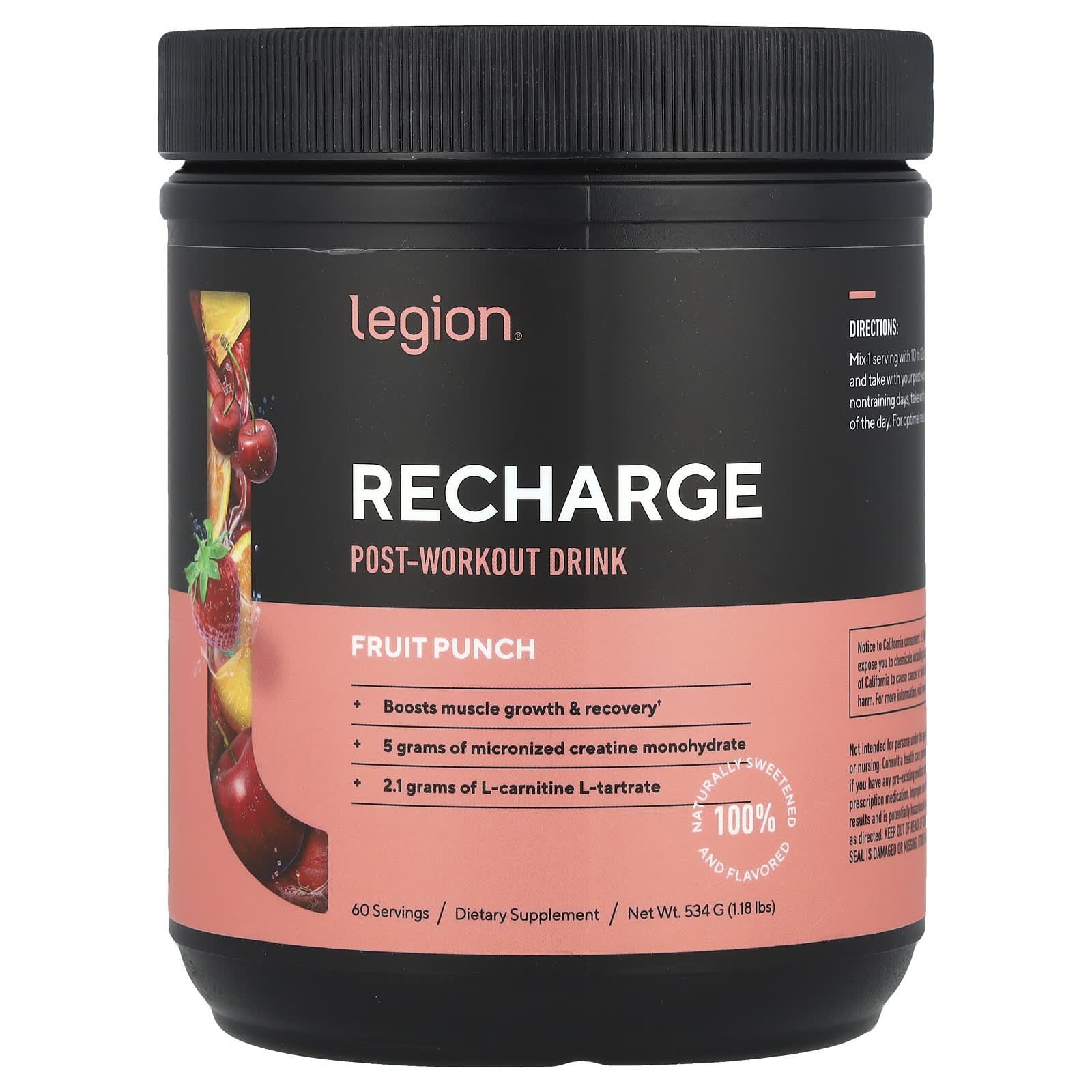 

Recharge, Post-Workout Drink, Fruit Punch, 534G (1.18Lbs)