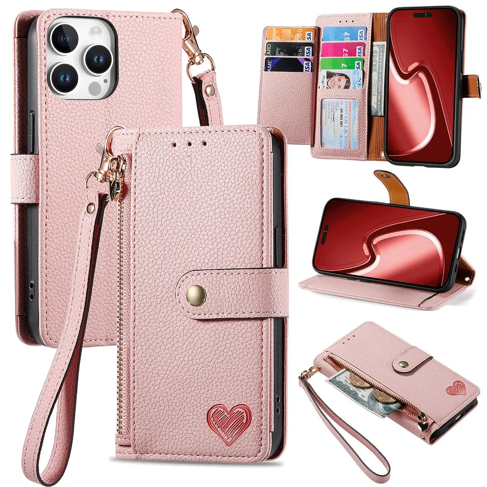 

Кроссбоди Шнурок Ремешок на запястье Кошелек с держателем для карт Подставка Чехол для телефона для iPhone 16 15 Pro Max Plus Защитная крышка For iPhone 16 Plus розовый