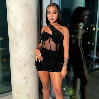 Women Dress One Shoulder Shiny Sequin See-through Mesh Patchwork Slant Neck Sleeveless Backless Sheath Slim Fit Club Cocktail Party Prom Mini Dress