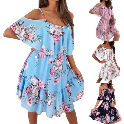 Women's Spring/Summer New European And American Chiffon Printing Sexy Off Shoulder Strap Large Swing Ruffle Edge Dress