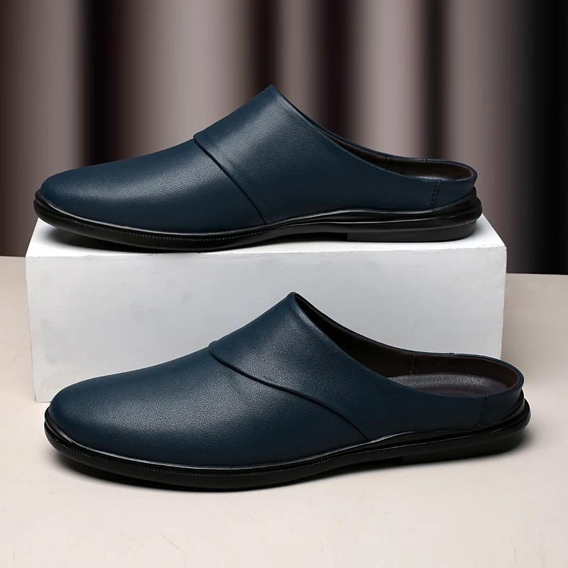 Fashion New Genuine Leather Mens Slippers Summer Breathable Casual Shoes Slip-on Lazy Half Shoes Walking Loafers Men Moccasins Half Drag