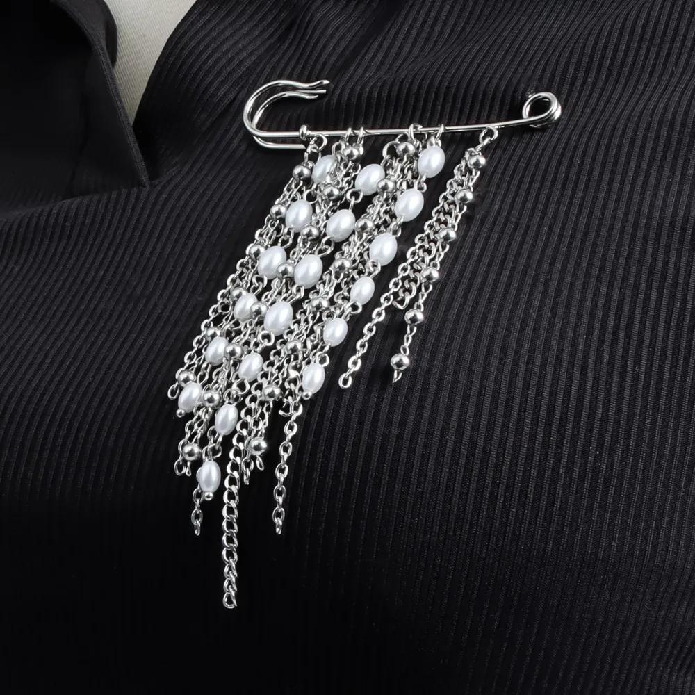 Hip Hop Trendy Imitation Pearl Tassel Chain Brooches for Men Women Waist-shaping Fixed Pin Accessory Multi-functional Jewelry