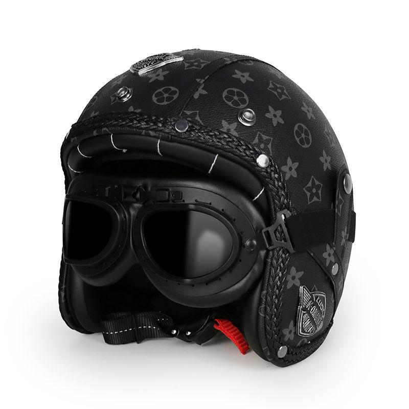 Retro Helmet Electric Motorcycle Leather Helmet Summer Pedal Cruise Motorcycle Harley Men and Women Three Quarter Helmet Half Helmet