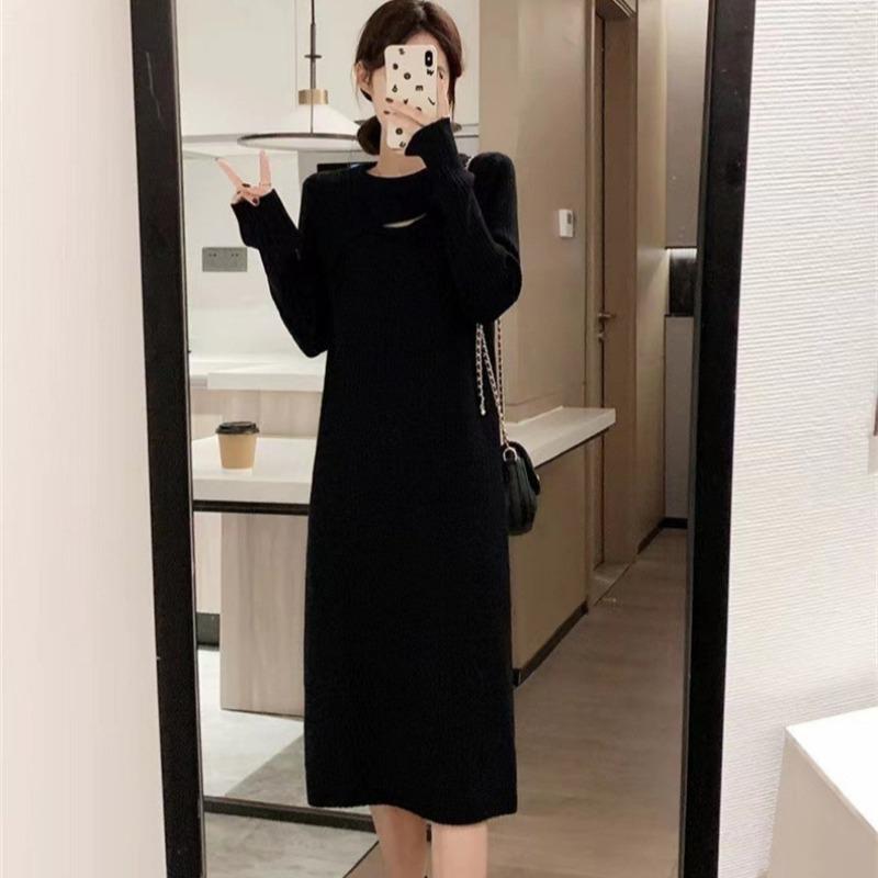 Autumn and Winter New Design Sense Hollow Knitted Primer Dress Women Loose and Thin Medium and Long Inner Sweater Skirt