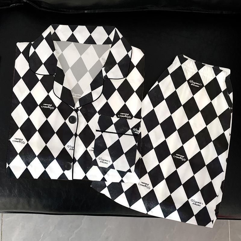 Fashion Light Luxury Black And White Checkerboard Ice Silk Pajamas Women'S Summer High-End Short-Sleeved Suit Loungewear