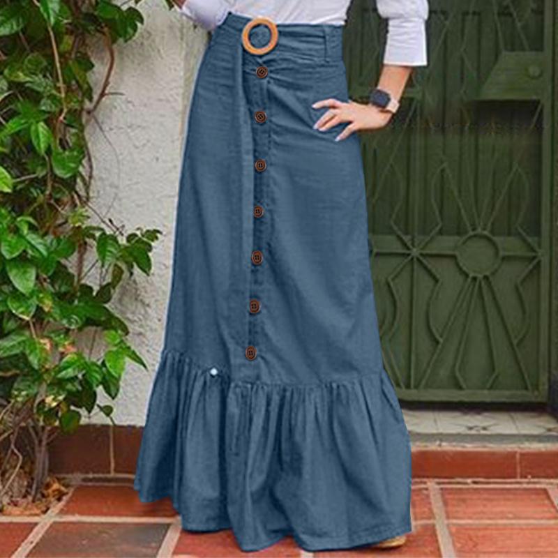 ZANZEA Vintage Moda Increspature Orlo Blu Denim Gonne Donna Casual Gonne  Lunghe acquista in modo economico — spedizione gratuita, recensioni reali  con foto — Joom
