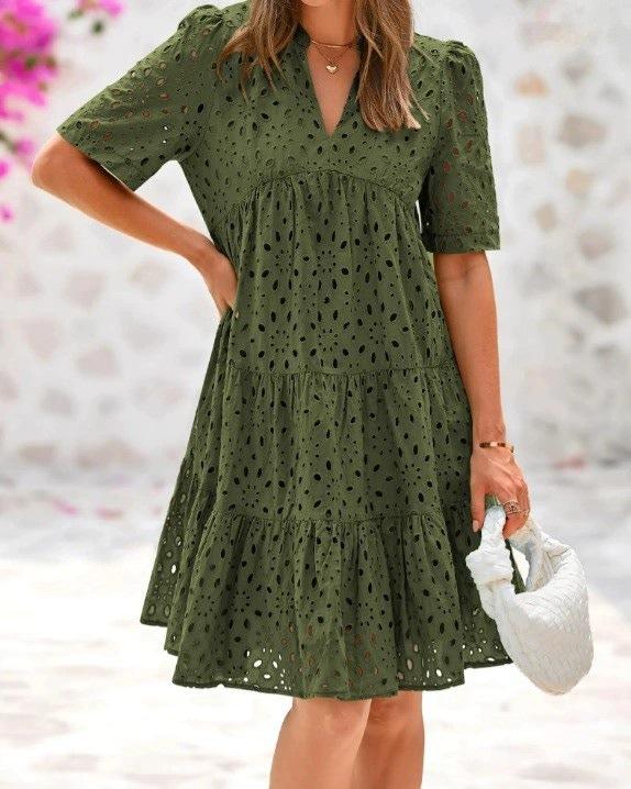 2026 Short Sleeve Women's Beach Vacation Skirt French V-Neck Hollow Lace Dress High-end A-shaped Dress