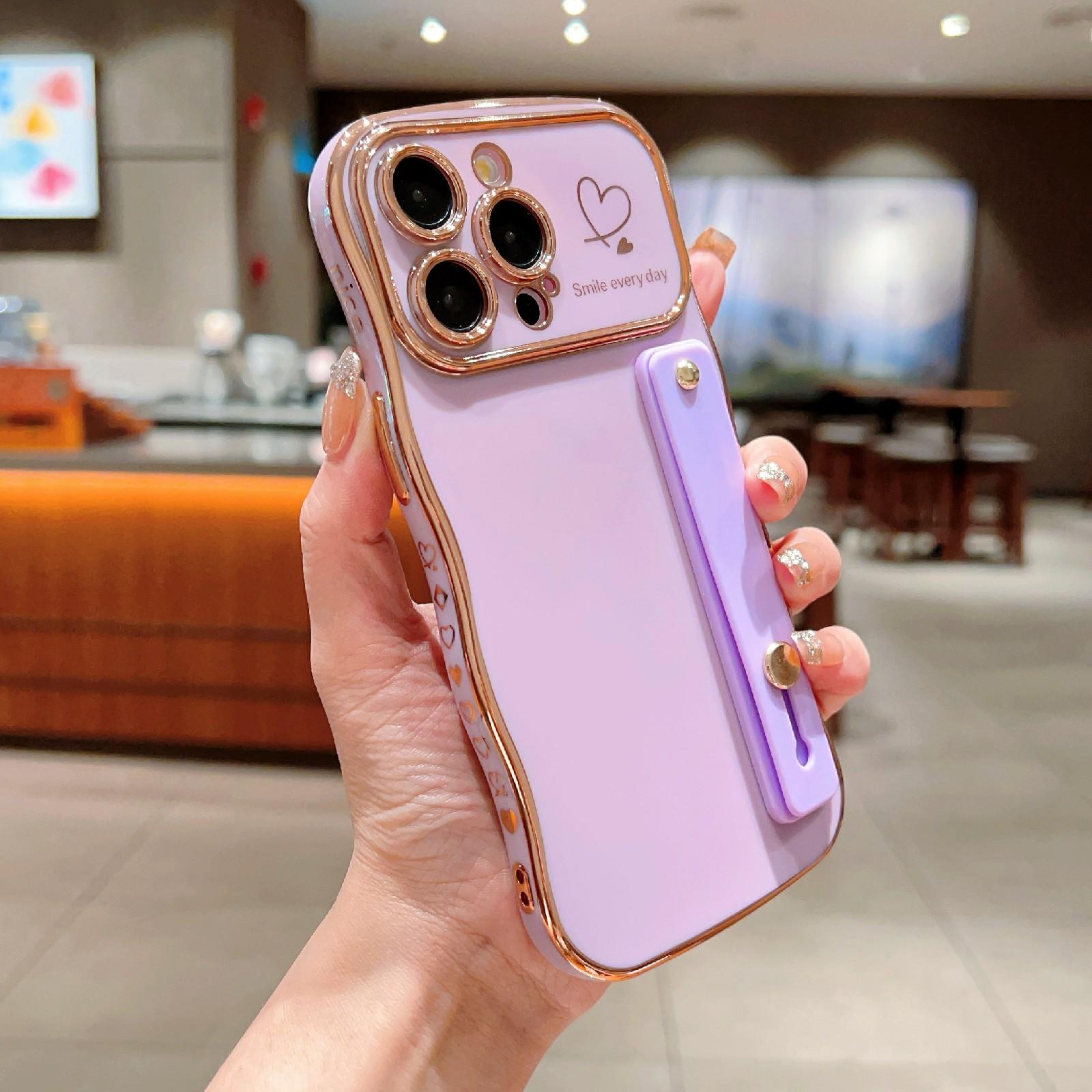 

For iPhone 15 Pro Case Love Heart Electroplated TPU Phone Cover with Wrist Strap Kickstand Purple