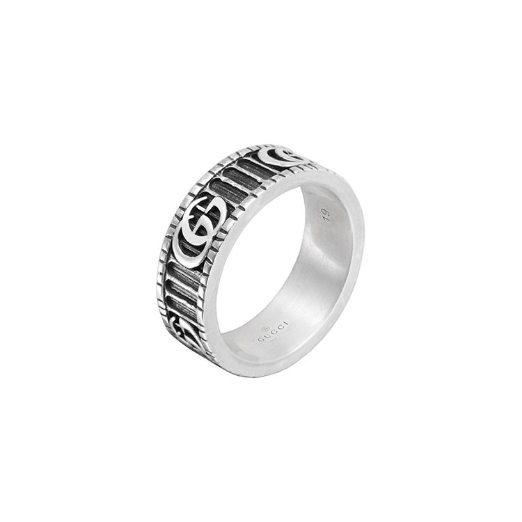 Gucci GG Marmont 3D Double G And Stripe Pattern Vintage Distressed Matte 925 Silver Ring Unisex rings Black 551899-J8400-0811