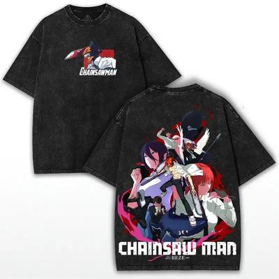 Gewaschenes Oversized Kettensägenmann T-Shirt Herren Damen Baumwoll-T-Shirts Vintage Street Harajuku Männliches Kurzarm-T-Shirt Damen Herren Kleidung