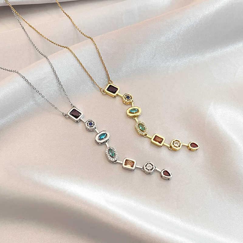 Retro Style Colorful Zircon Tassel Irregular Splicing Long Necklace Light Luxury Pendant Collarbone Chain For Women Jewelry