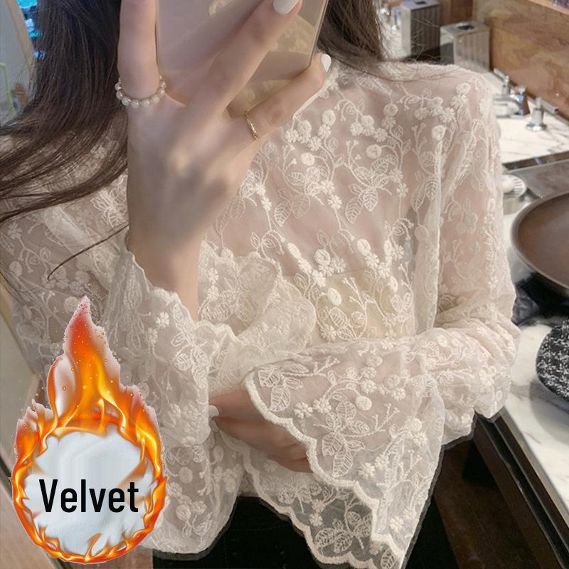 Dámská podzimní/zimní halenka s rozšířenými rukávy, krajkou, vyšívanou síťovinou a polovyvýšeným límcem