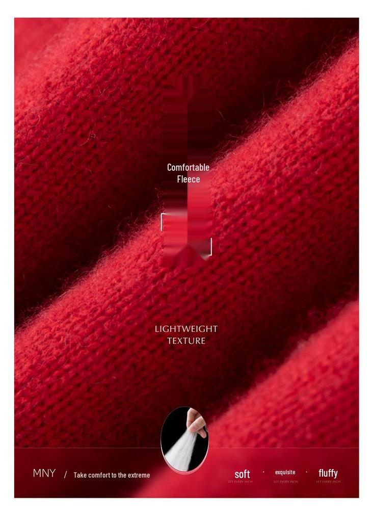 Women's Round Neck Thick Jacquard Cashmere Sweater - Loose Red Fashion Knit for Autumn/Winter