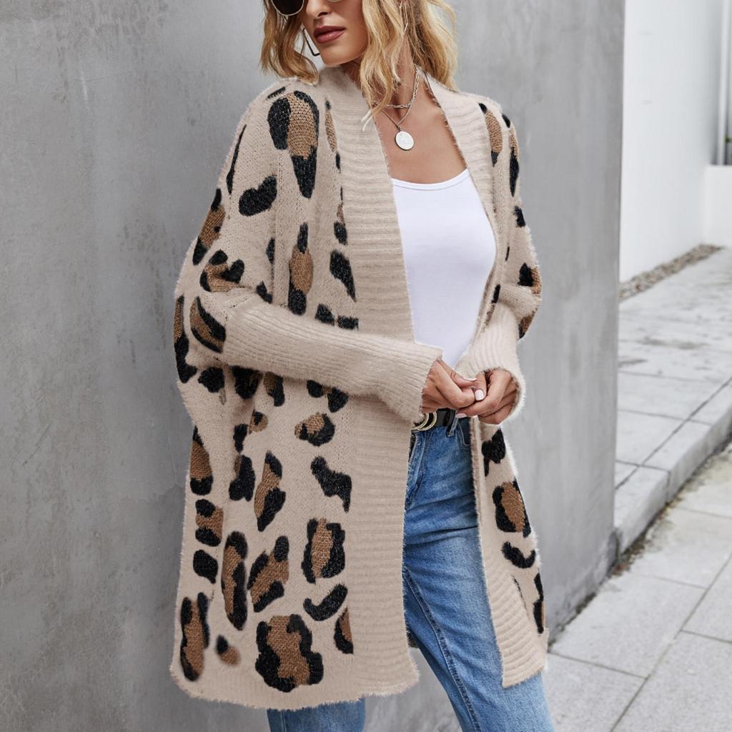 Winter Women's Casual Plus Size Cardigan Coat Fashion Leopard Print Knit Sweater