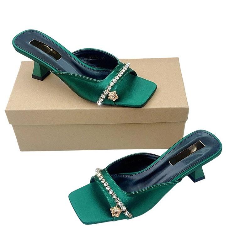 Square Toe Block Heel Rhinestone Single Strap Sandals Women High Heel Casual Summer Slide Shoes