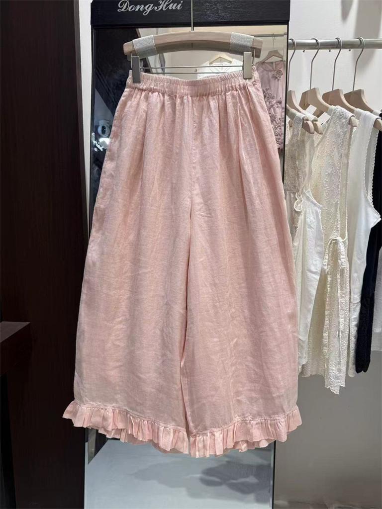 Johnature Lace Pants Loose Wide-Leg Pants For Women Summer Casual Simple Elastic Waist Nine-Part Pants