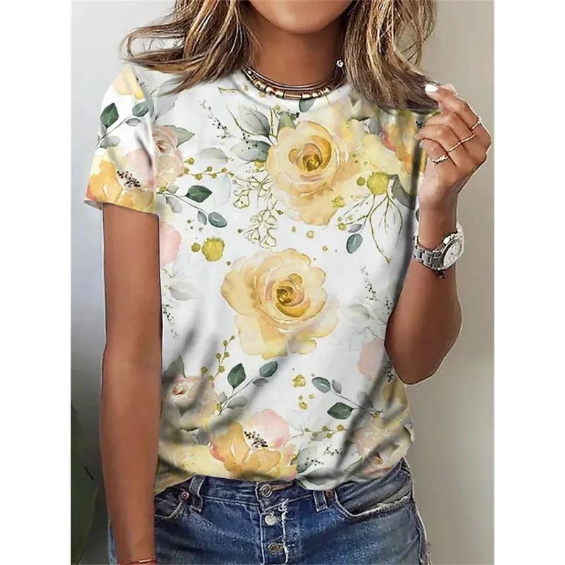 Summer Round Neck 3D Flower Print Top Fashionable Casual Short Sleeved Women's T-shirts