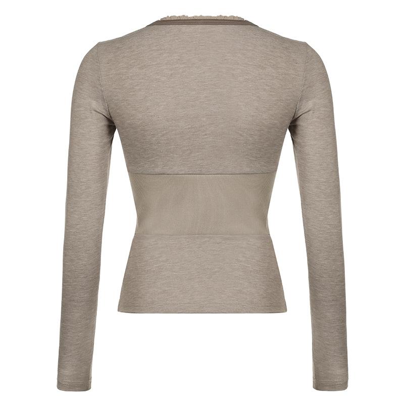 Podzimní a zimní dámské základní divoké tričko s dlouhým rukávem a výstřihem do V, slim, tenké