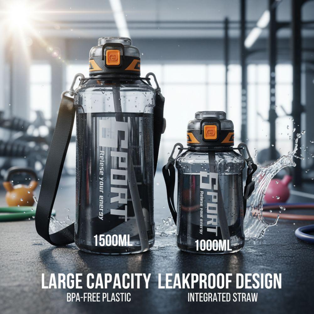 1000ml/1500ml Sports Water Bottle Large Capacity LeakProof Drinking Bottles Plastic with Straw Fitness Water Bottle