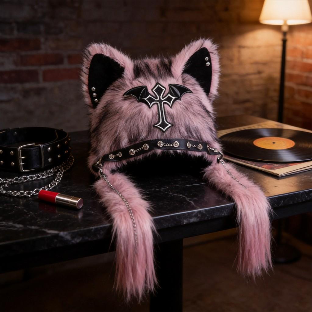Plush Cat Ears Hat For Winter Warmth With Foldable Design For Punk Style Enthusiasts
