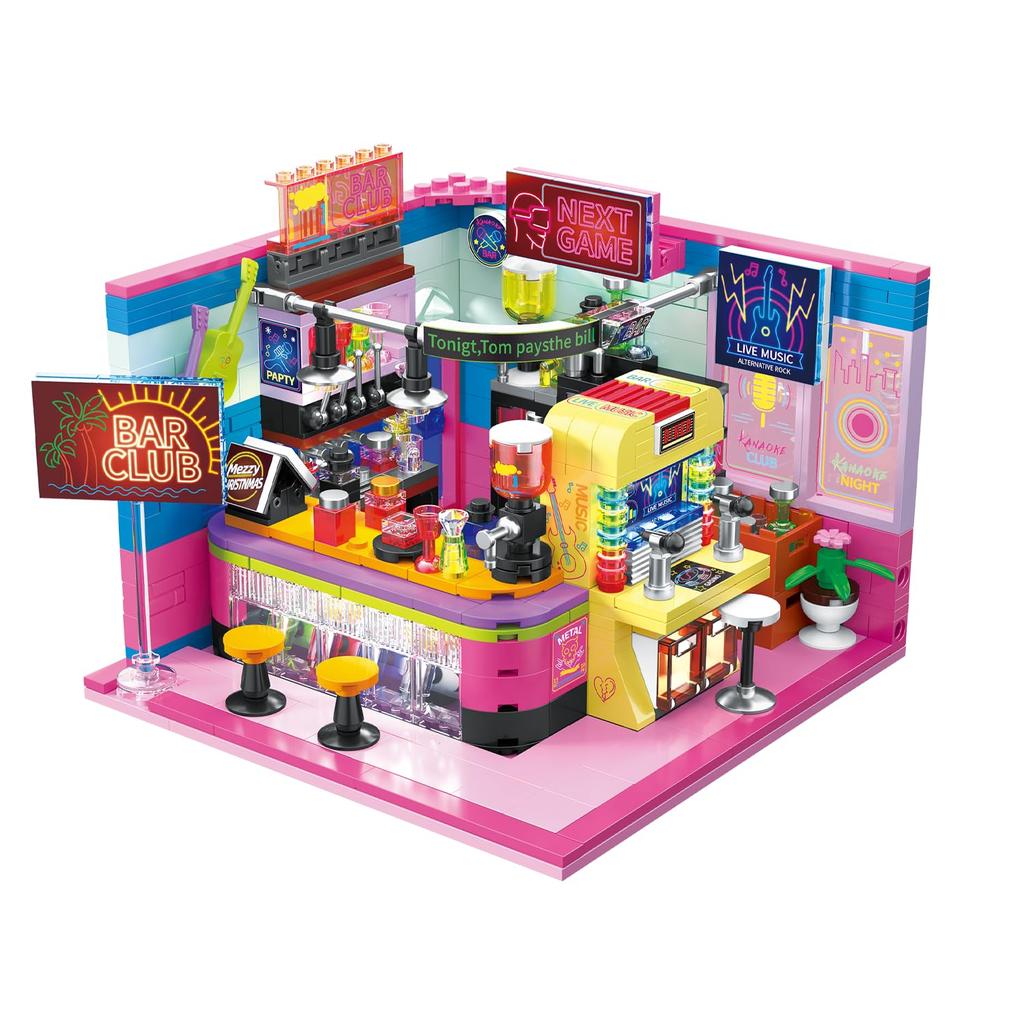 Hallisun Dom Przyjaciół Mini Klocki Muzyka Miejska Biznesowa Miasto Małe Klocki Mini Konstrukcja Prezent Urodzinowy dla Osób w Wieku 602 Elementy Zestaw, Klub Niedźwiedzia,