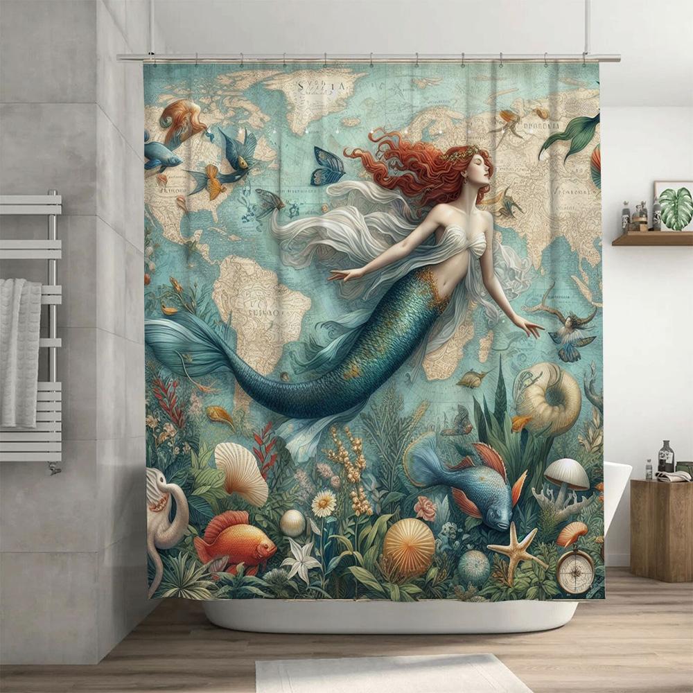 Unterwasser Meerjungfrau Duschvorhang Ozean Marine Dekorativer Stoff Kundenspezifisch bedruckt für Zuhause Badezimmer Wasserdicht Leinen Wasserdicht B