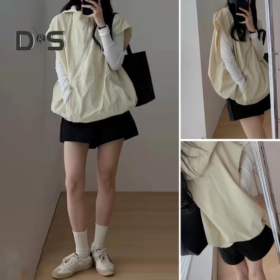 Women Summer Hooded Vest Diagonal Zipper Breathable Female Sun Protection Clothing Ladies Solid Color Casual Loose Top with Pocket