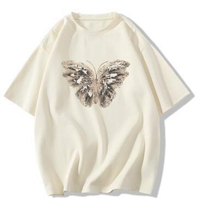 Ladies Summer Short Sleeve Round Collar Casual Teenager Pullover Oversize Butterfly Printed Cotton T Shirt Top