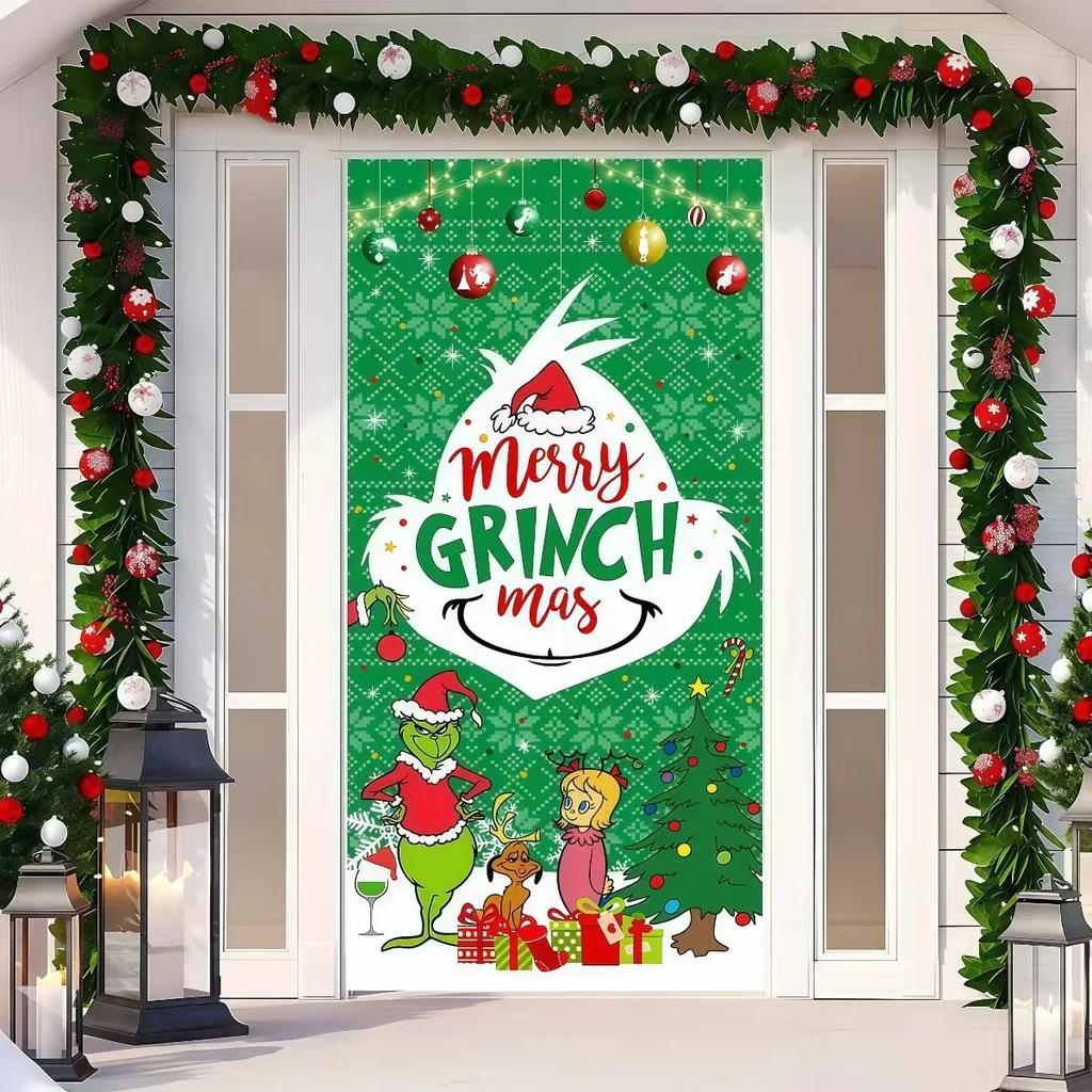Grinched 90X200Cm Christmas Door Decoration Green Monster Merry Xmas Backdrop Christmas Door Cover New Year Party Supplies