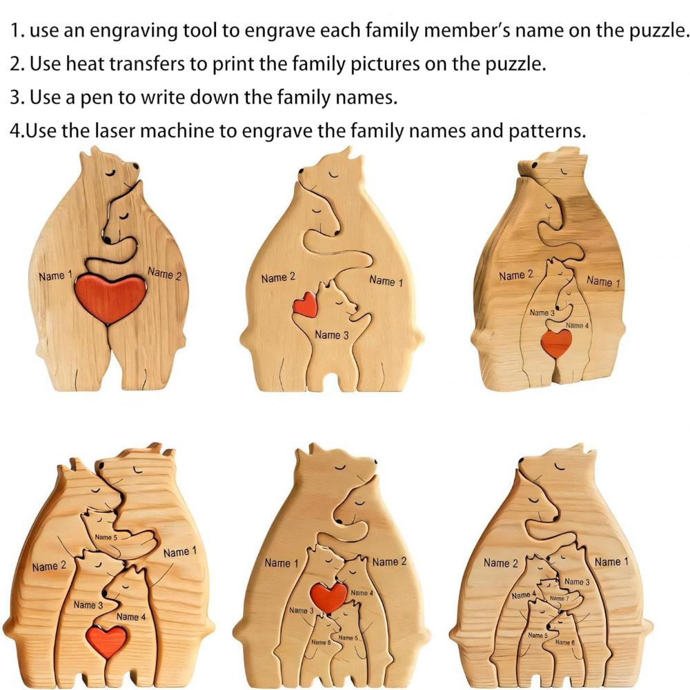Custom Wooden Bear Family Puzzle with 2-6 Names, Colorful Heart Design, Ideal Gift for Mother's Day Father's Day Thanksgiving Christmas