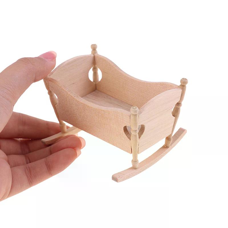 1:12 Dollhouse Miniature Wooden Baby Cardle Bed Pretend Play Furniture Decoration For Kids