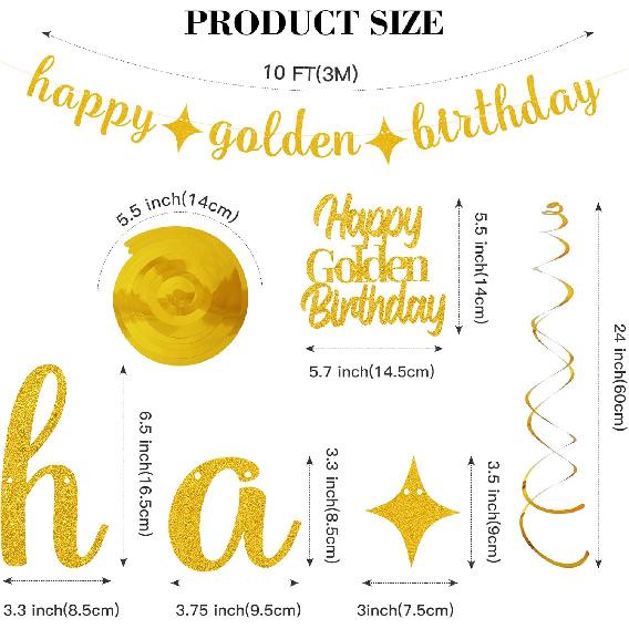 12Pcs Golden Birthday Party Decorations Includes Happy Golden Birthday Banner,10Pcs gold hanging swirls, 1Pcs Glitter Golde Cake Topper.