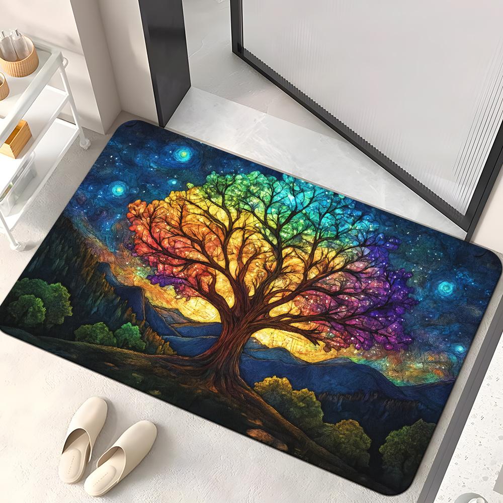 1pc Vibrant Rainbow Tree of Life HD Printed Door Mat - Non-Slip, Microfiber Absorbent, Machine Washable Polyester Mat for Bedroom, Living Room Entranc