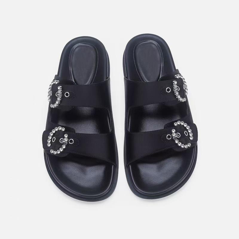 Thick-soled one-word slippers for women's summer wear, new bright diamond round buckle flat-heeled casual cool slippers