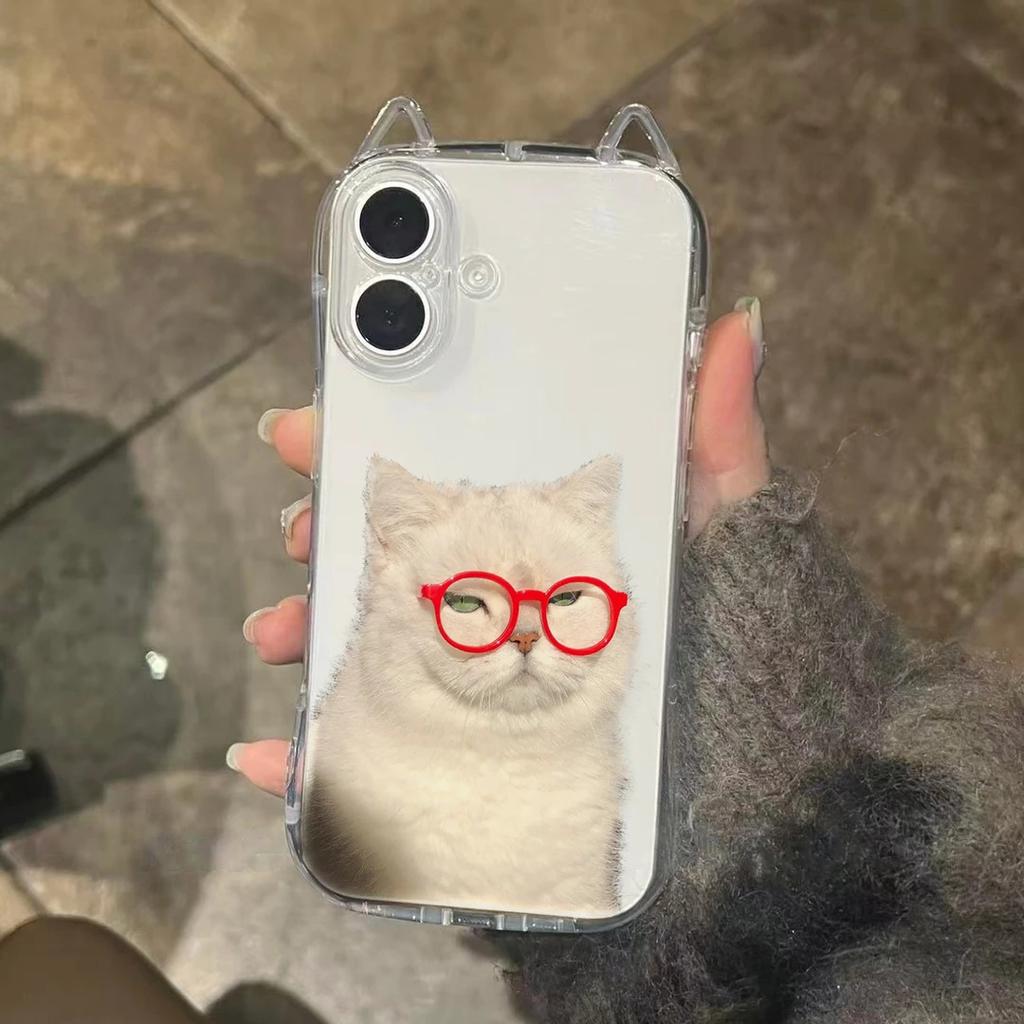 High cold glasses white cat for iPhone17Pro mobile phone case Air cat ears Apple 16 transparent 15 cute 14