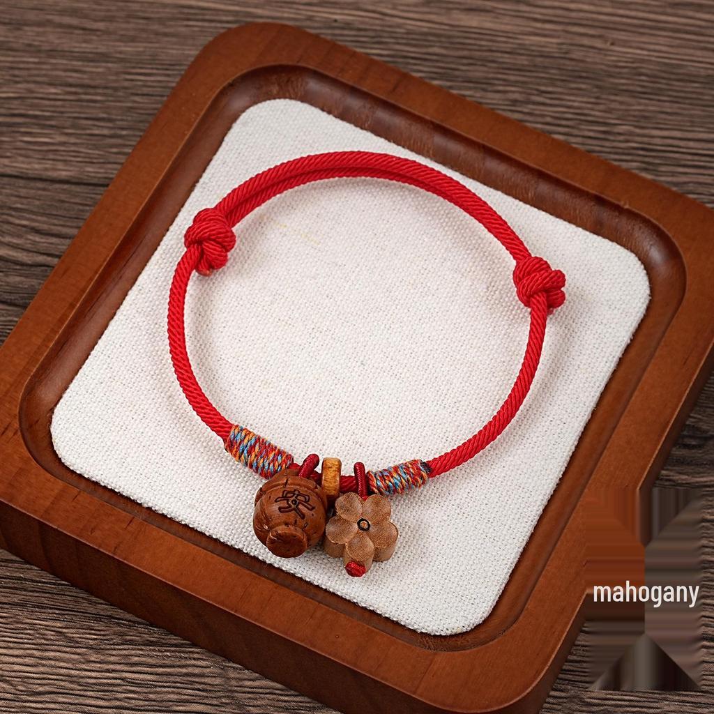 Peach Wood Red Rope Bracelet - Unisex Protective Benmingnian Handwoven Ethnic Style
