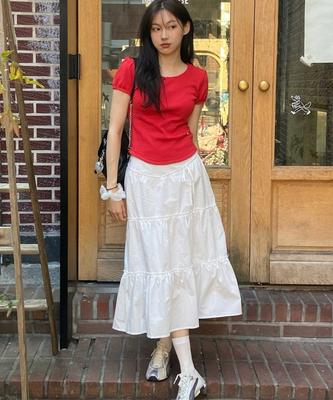 T Maker Shirred Frill Ribbon Long Skirt Wt